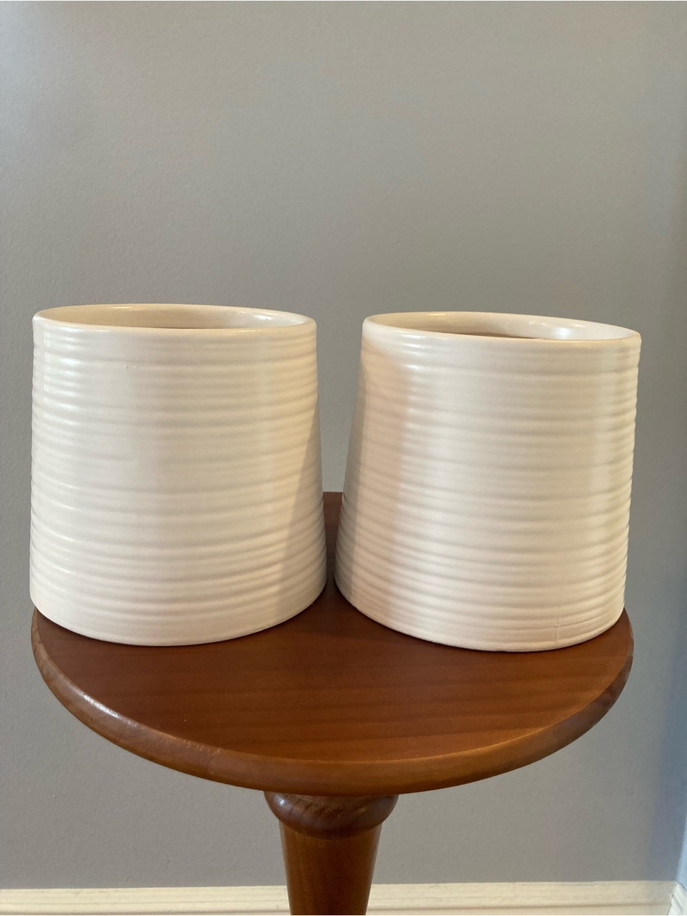 2 Ribbed Ceramic Planter White Decorative Vases or Utensil Jar